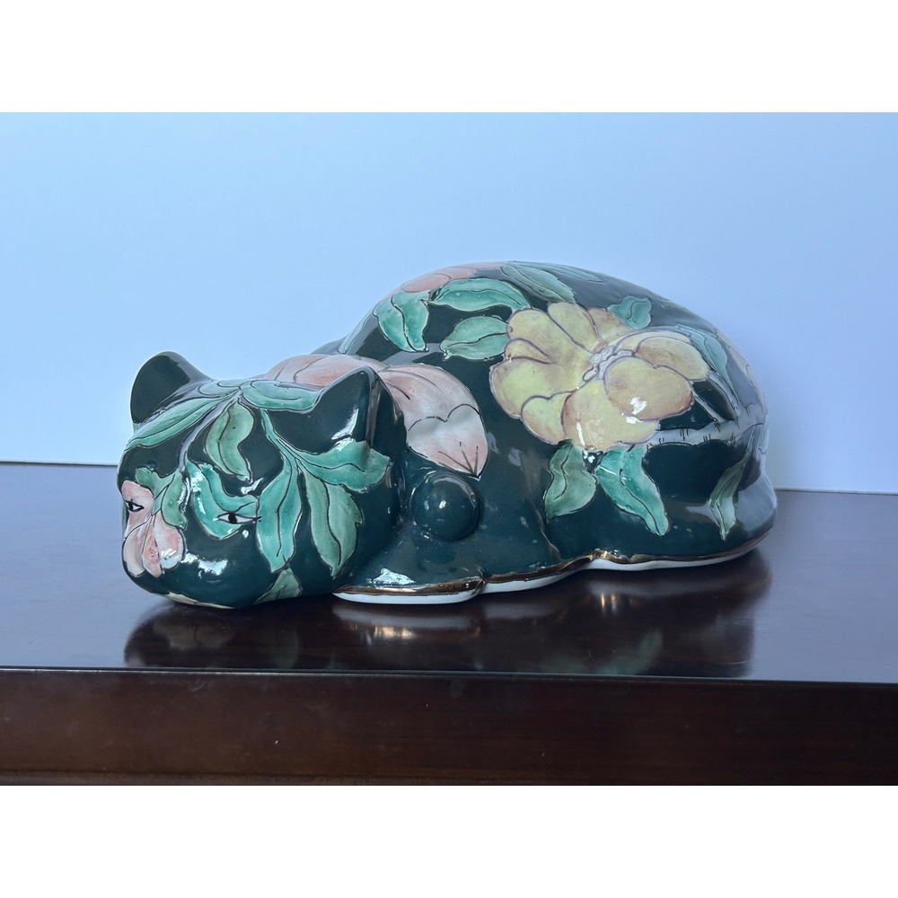 Vintage Hand Painted Floral Ceramic‎ Sleeping Cat Figurine Green Pink Gold Trim